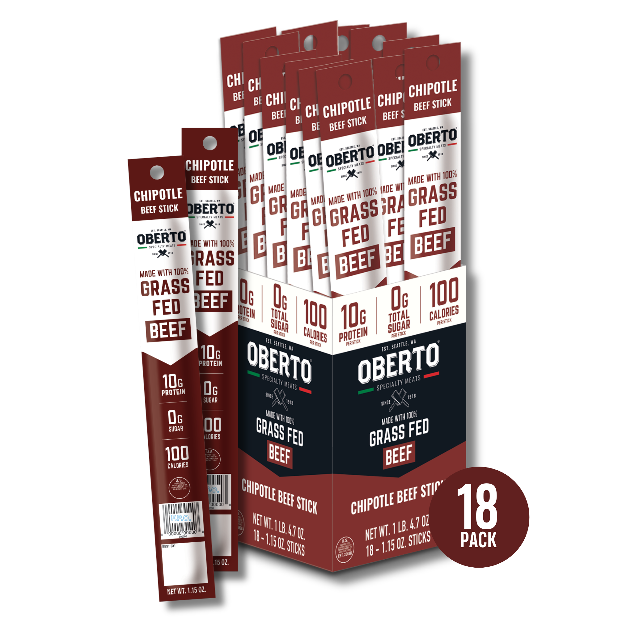 Chipotle Grass Fed Beef Sticks - 18 Pack – Oberto Snacks Inc.