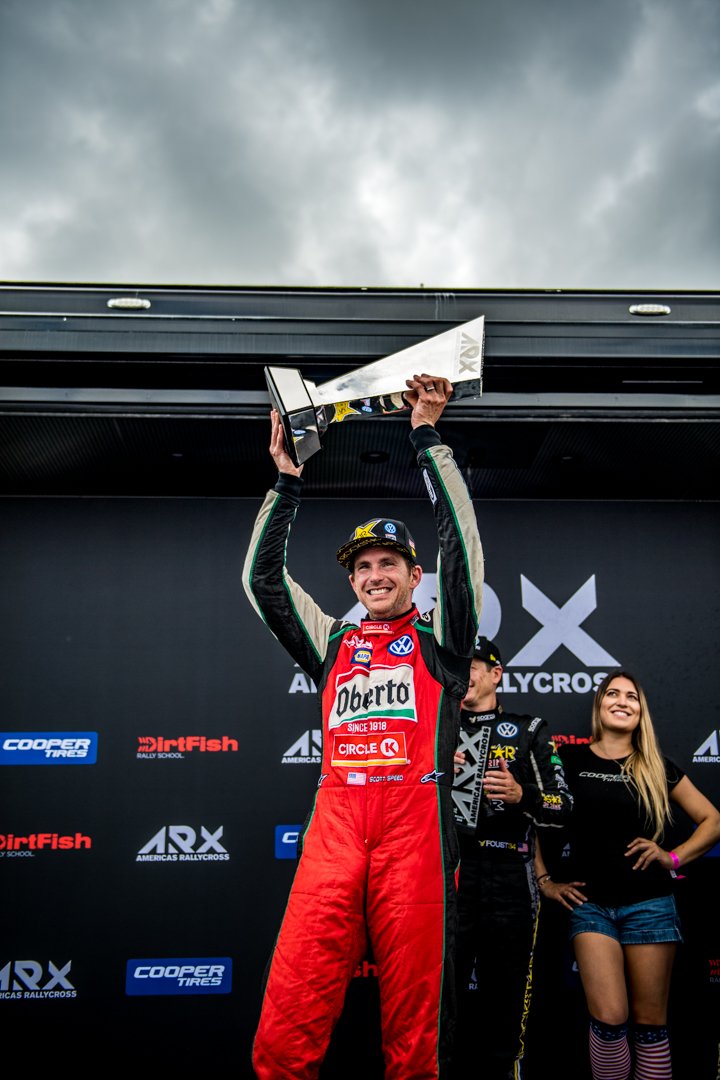 Scott Speed lifts the ARX trophy overhead