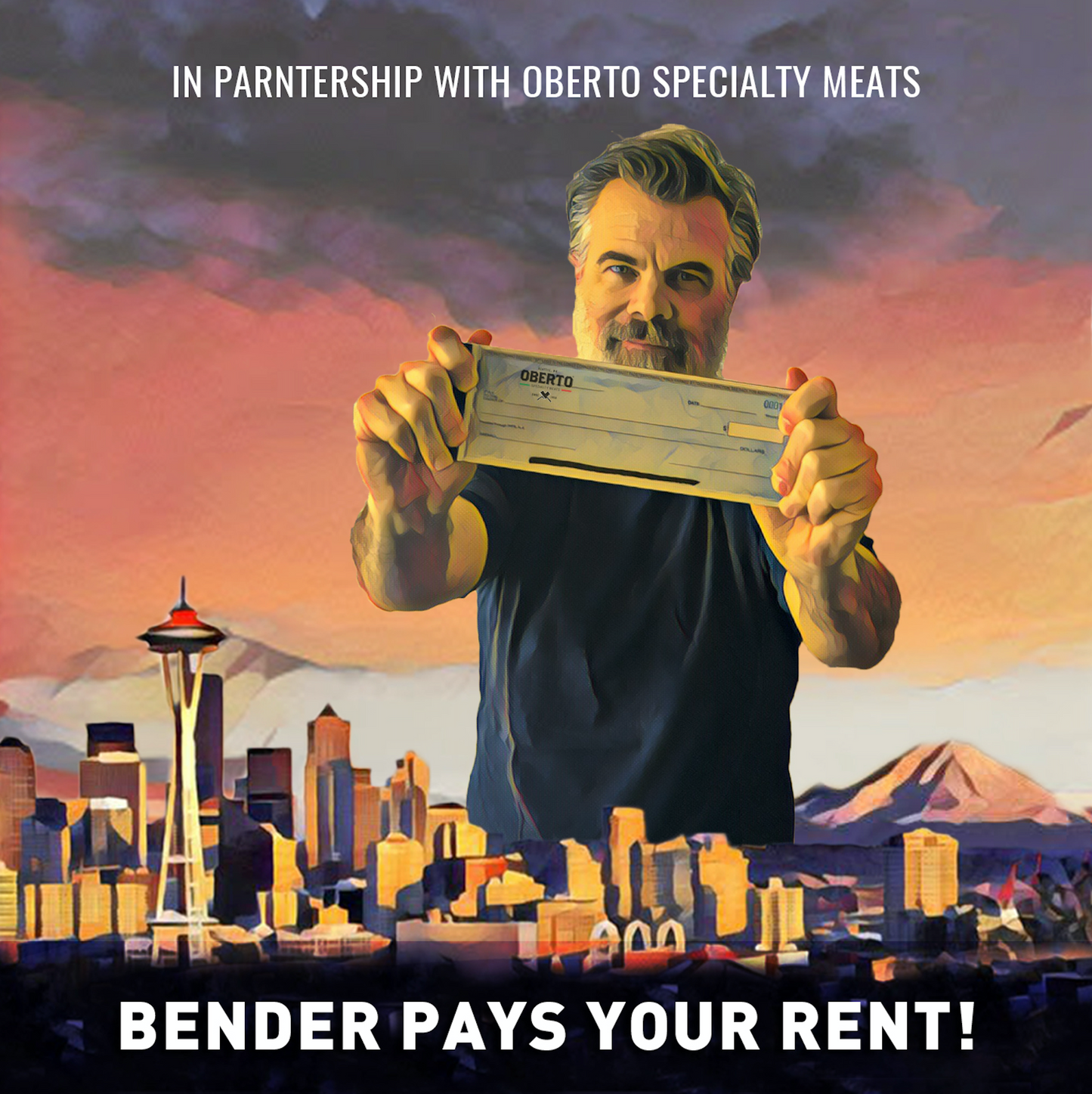 Graphic of Bender holding a check over the city of Seattle. 